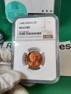 1988 greece 2 drachmes km# 15 - ngc ms67 rd high grade